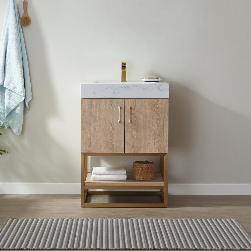24" Single Vanity with White Grain Stone Countertop Without Mirror. Picture 6