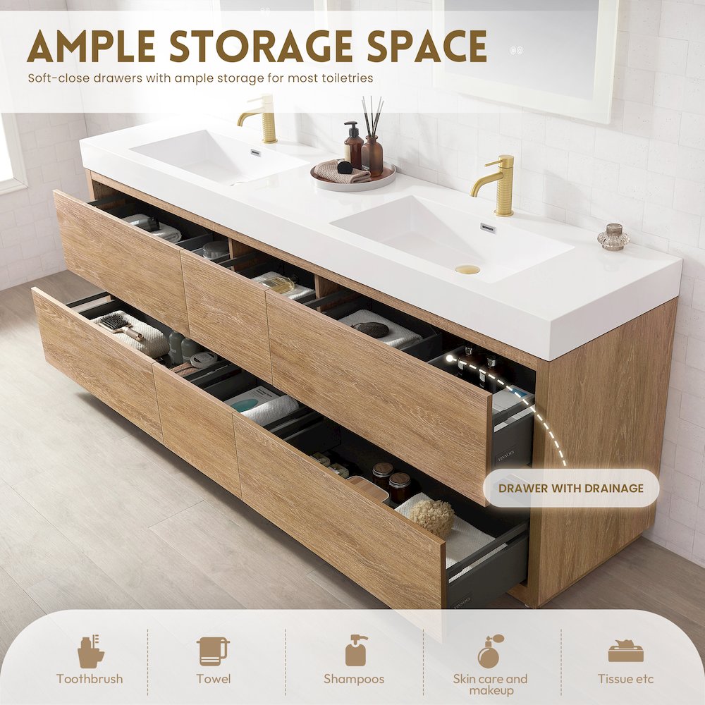 Huesca 84" Double Sink Bath Vanity in North American Oak. Picture 8