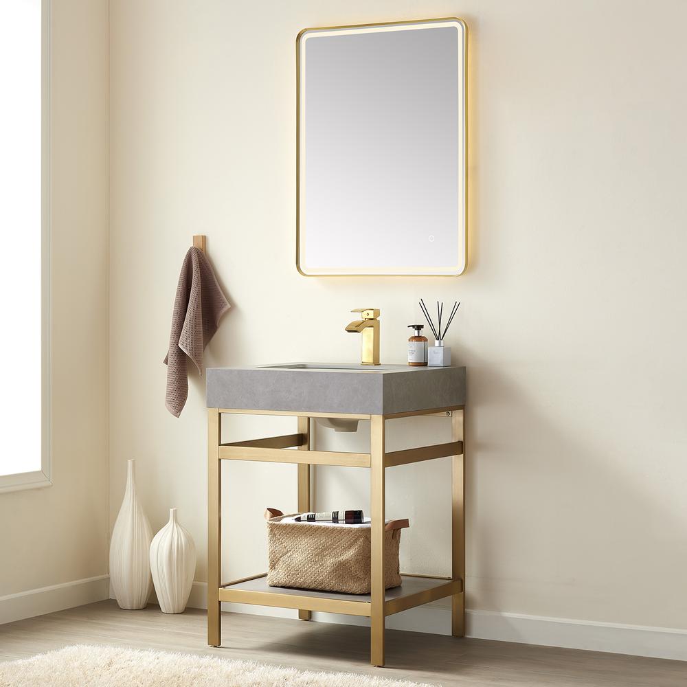 Single Sink Bath Vanity Metal Support with Grey Sintered Stone Top and Mirror. Picture 4