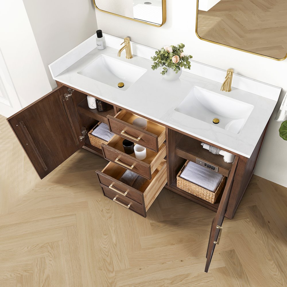 Jakarta 60M" Freestanding Double Bath Vanity in Aged Dark Brown Oak. Picture 6