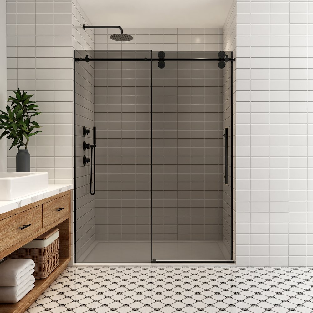 Echarri 56" W x 78" H Single Sliding Frameless Shower Door in Matte Black. Picture 3