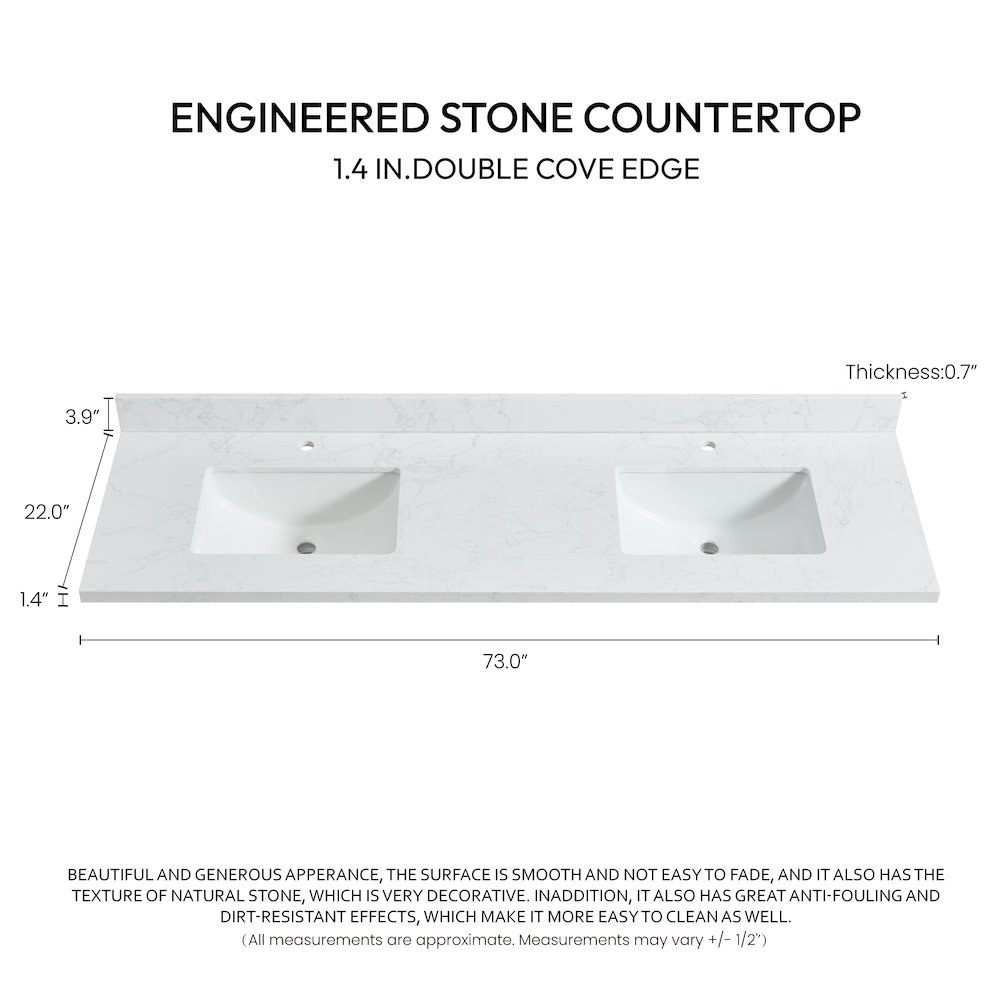 Composite Stone Vanity Top in Grain White with White Rectangular Double Sink. Picture 3