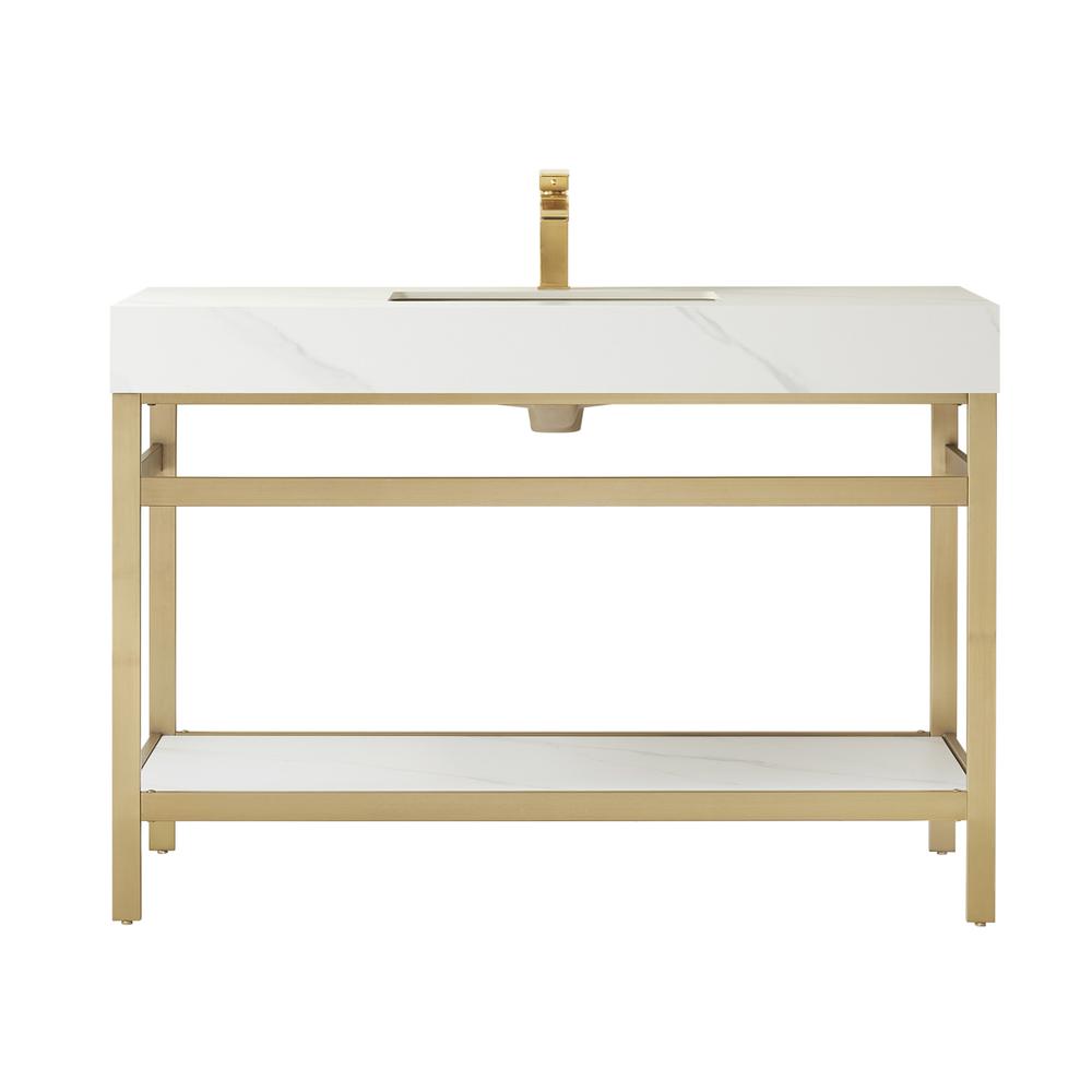 Single Sink Bath Vanity Metal Support with White Sintered Stone Top. Picture 1