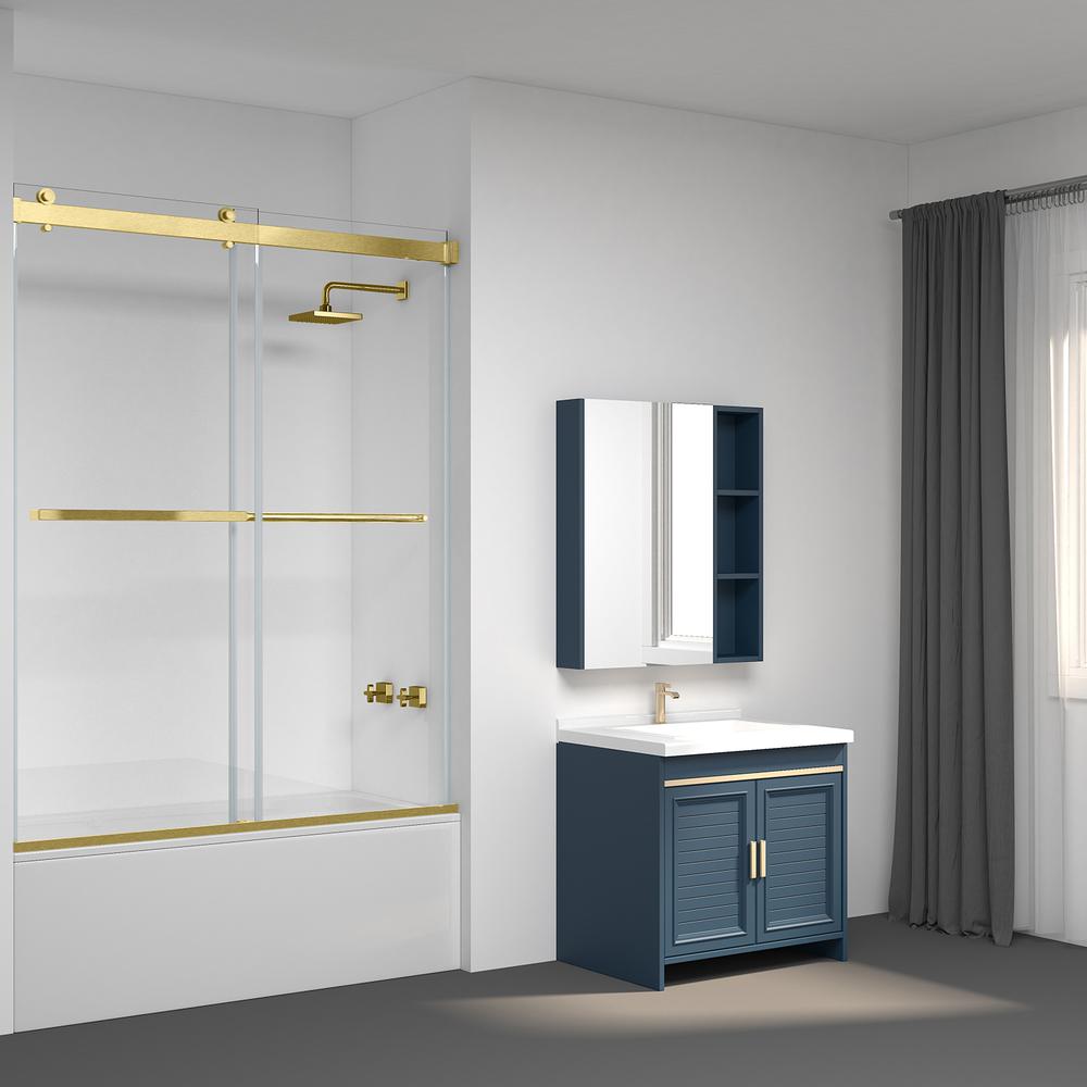 Spezia 60" W x 58" H Double Sliding Frameless Tub Door in Brushed Gold. Picture 1