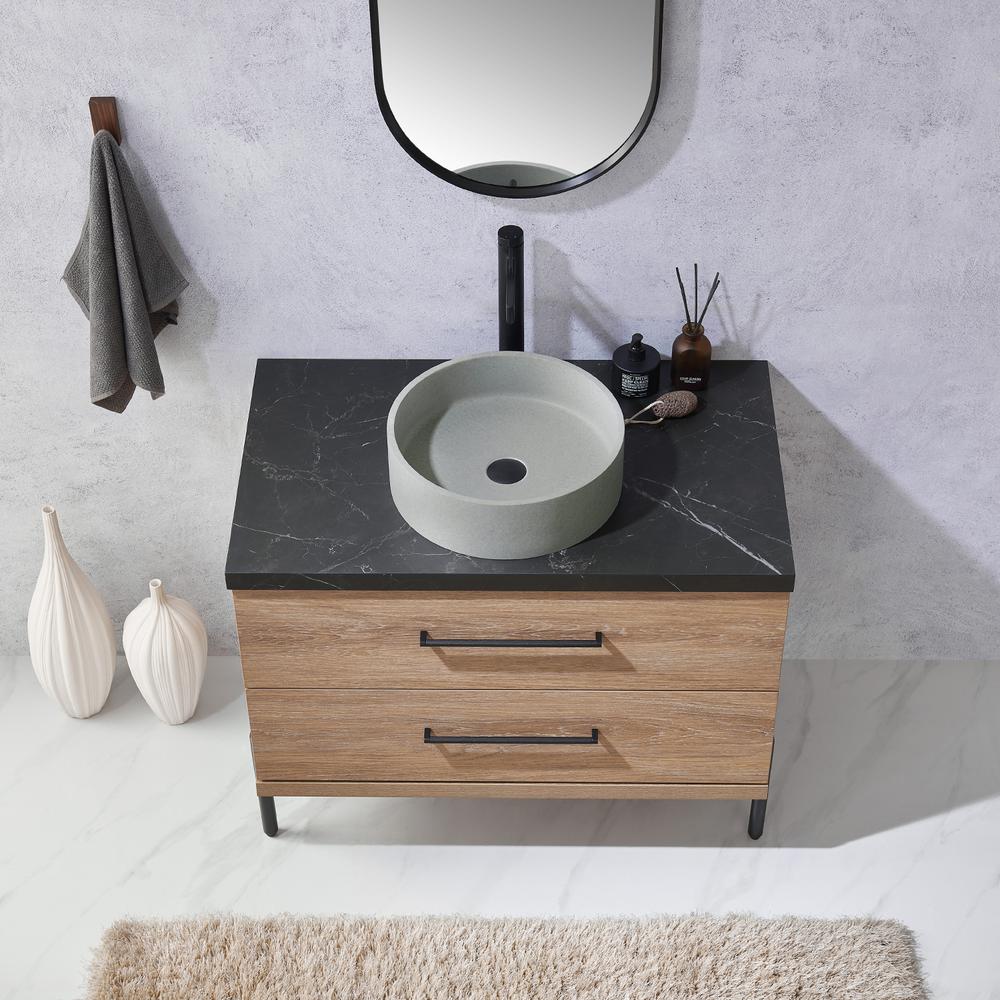 Single Sink Bath Vanity with Sintered Stone Top with Concrete Sink and Mirror. Picture 7