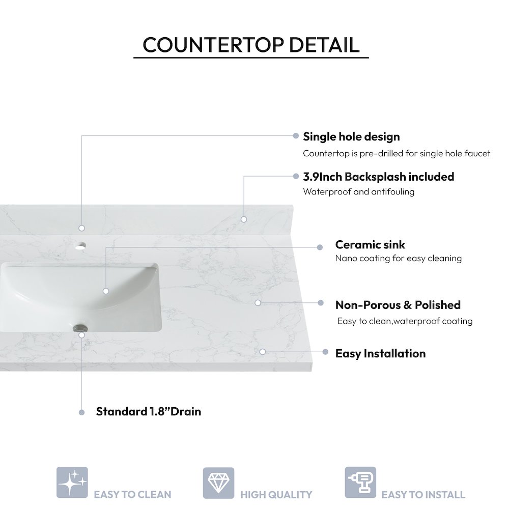 Composite Stone Vanity Top in Grain White with White Rectangular Single Sink. Picture 4