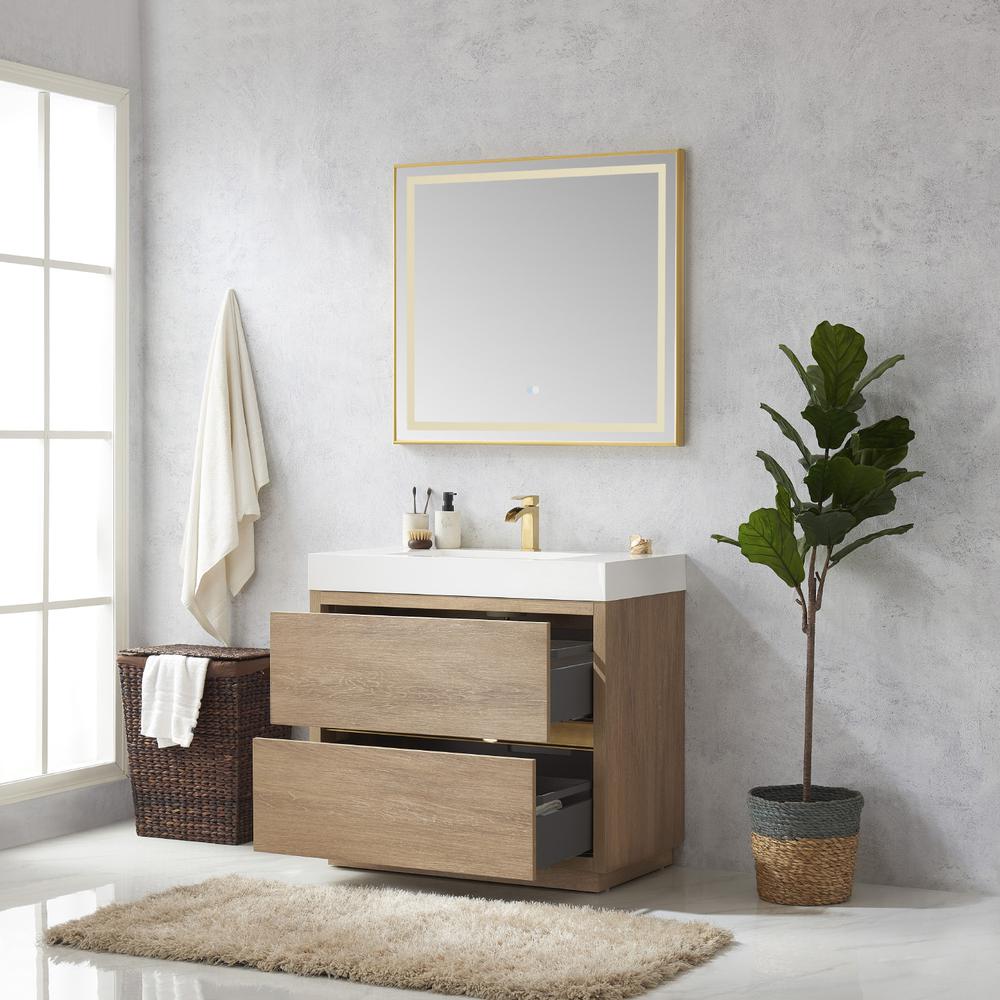 Single Sink Bath Vanity with Composite Integral Square Sink Top and Mirror. Picture 6