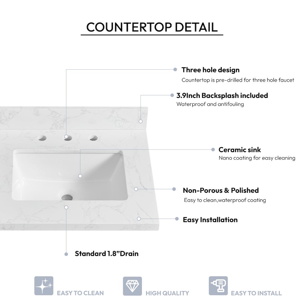 Composite Stone Vanity Top in Grain White with White Rectangular Single Sink. Picture 3