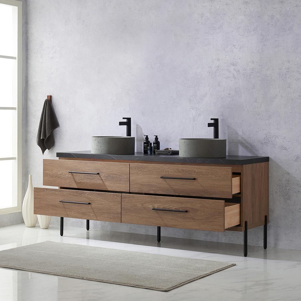 Double Sink Bath Vanity with Black Sintered Stone Top with Concrete Sink. Picture 6