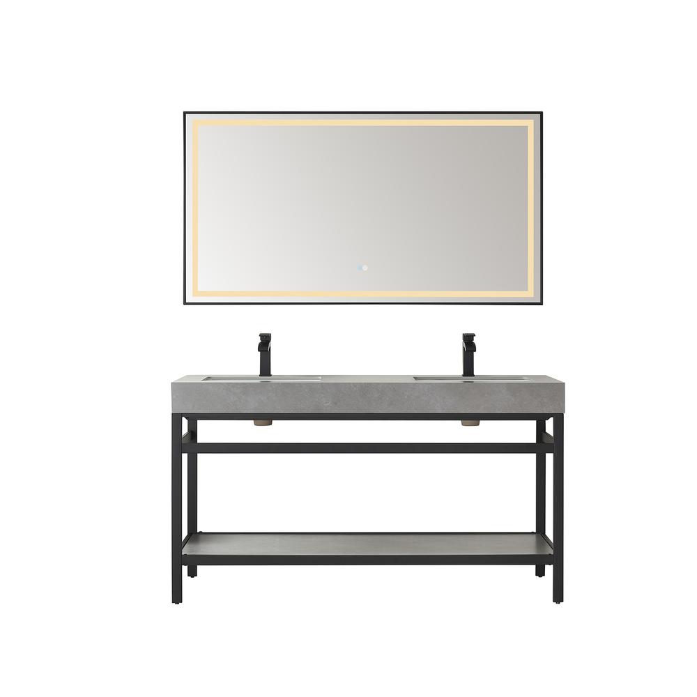 Double Sink Bath Vanity Metal Support with Grey Sintered Stone Top and Mirror. Picture 1