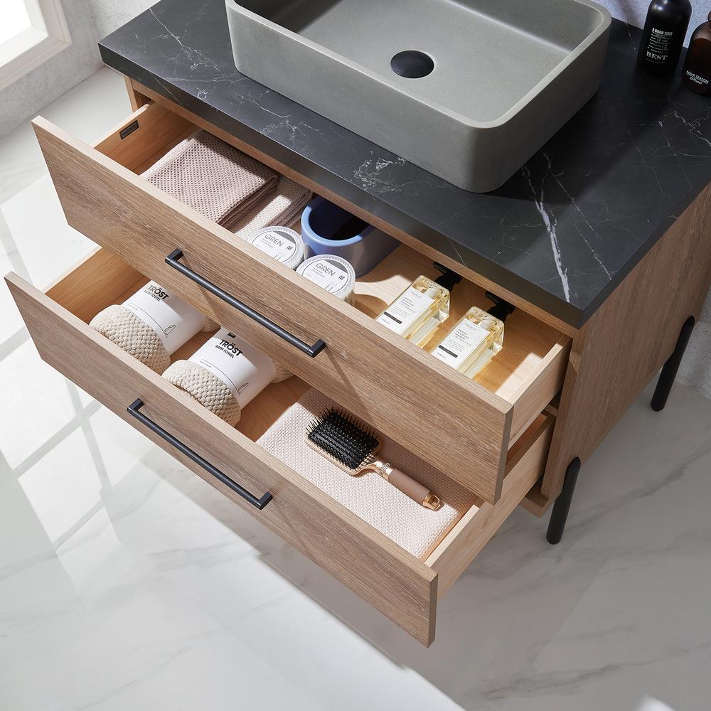 Single Sink Bath Vanity with Sintered Stone Top with Concrete Sink and Mirror. Picture 9