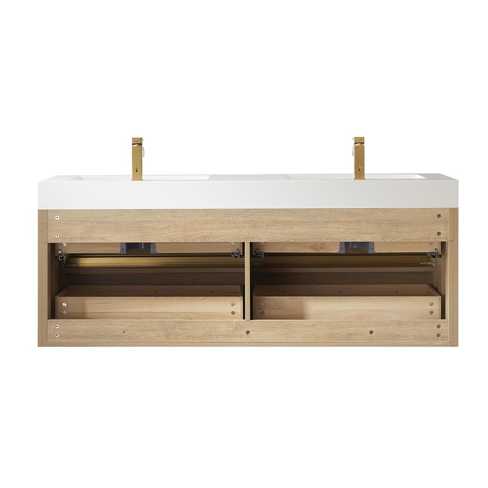 Double Sink Wall-Mount Bath Vanity Composite Integral Sink Top and Mirror. Picture 2