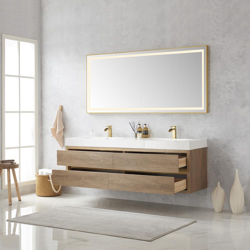 Double Sink Wall-Mount Bath Vanity Composite Integral Sink Top and Mirror. Picture 6