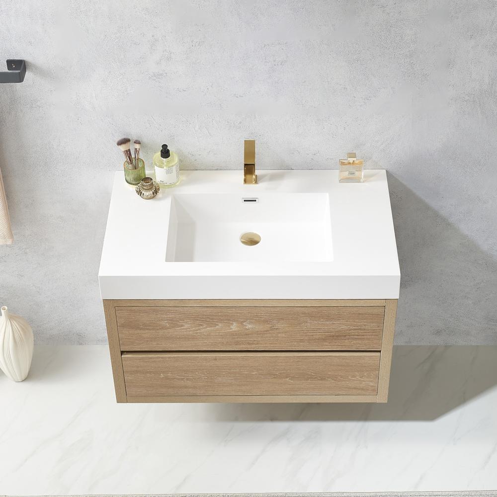 Single Sink Wall-Mount Bath Vanity with Composite Integral Square Sink Top. Picture 5