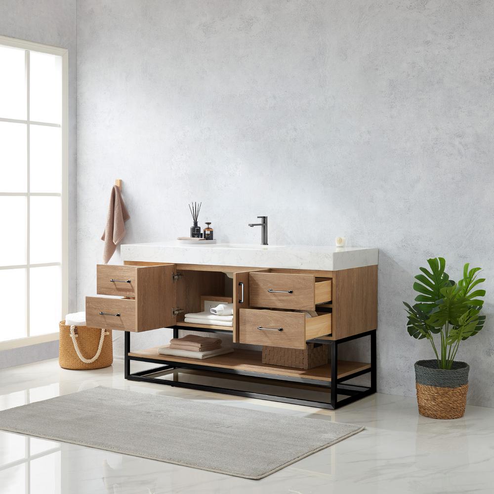 60BS" Single Sink Bath Vanity with White Grain Stone Countertop. Picture 14