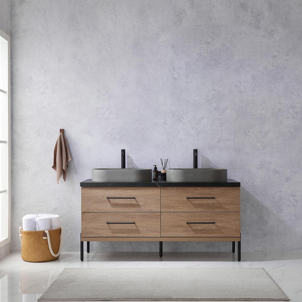 Double Sink Bath Vanity with Black Sintered Stone Top with Concrete Sink. Picture 4