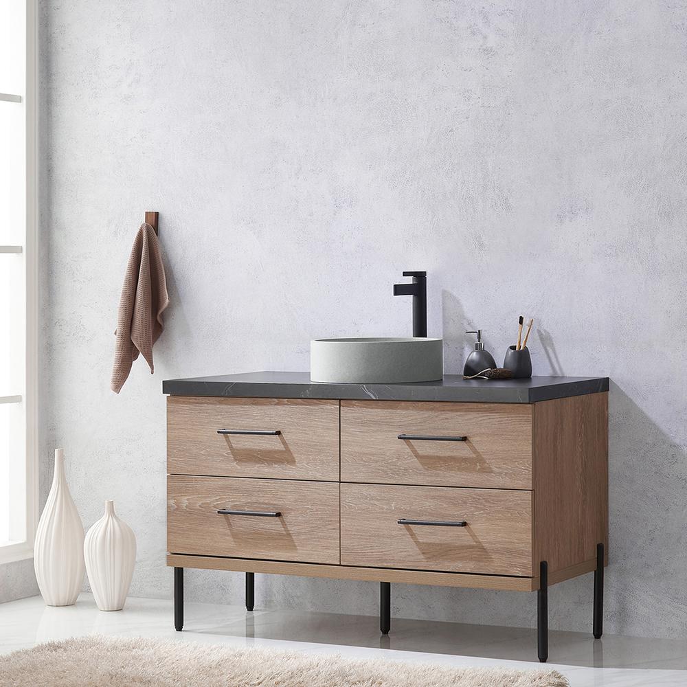 Single Sink Bath Vanity with Black Sintered Stone Top with Concrete Sink. Picture 5