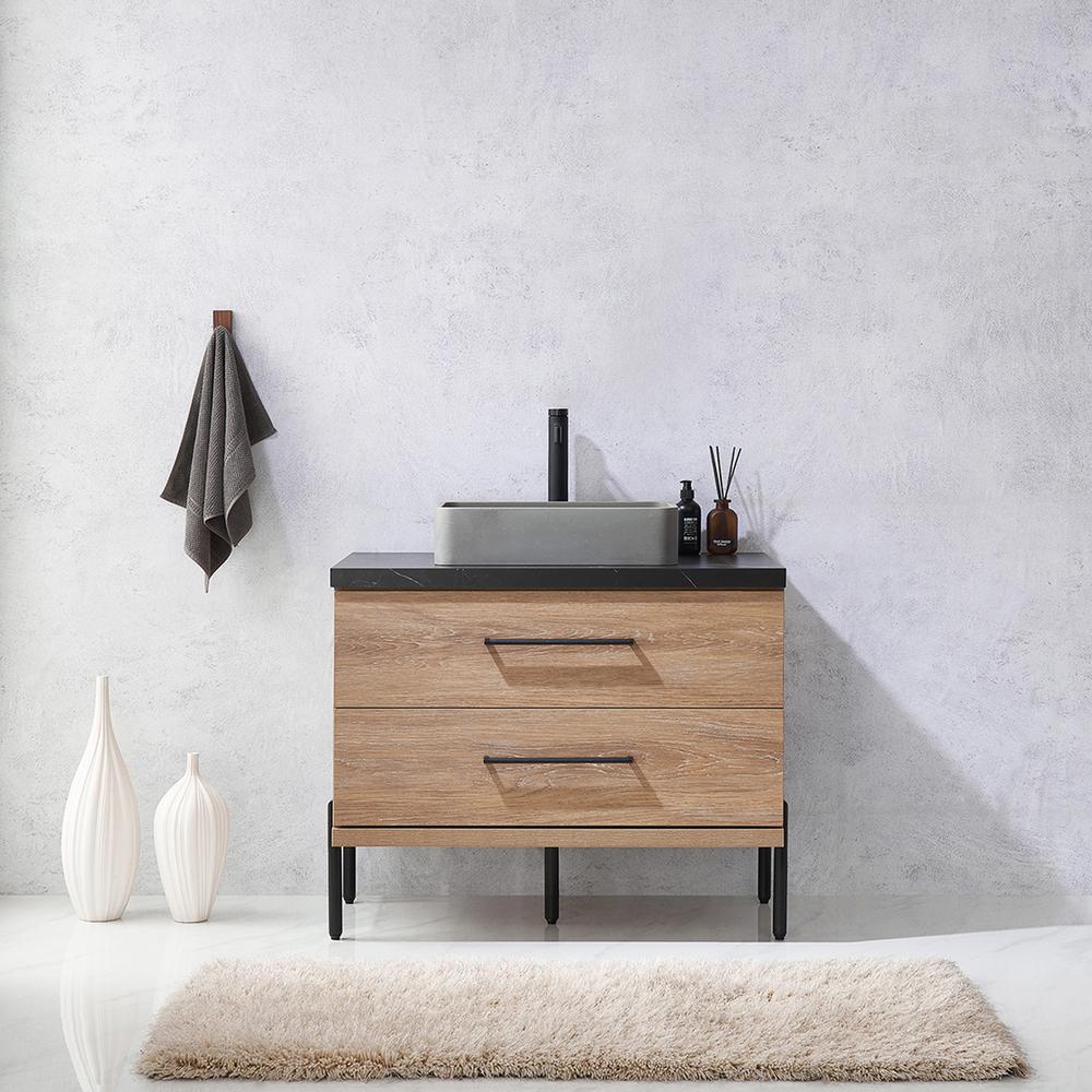 Single Sink Bath Vanity with Black Sintered Stone Top with Concrete Sink. Picture 4