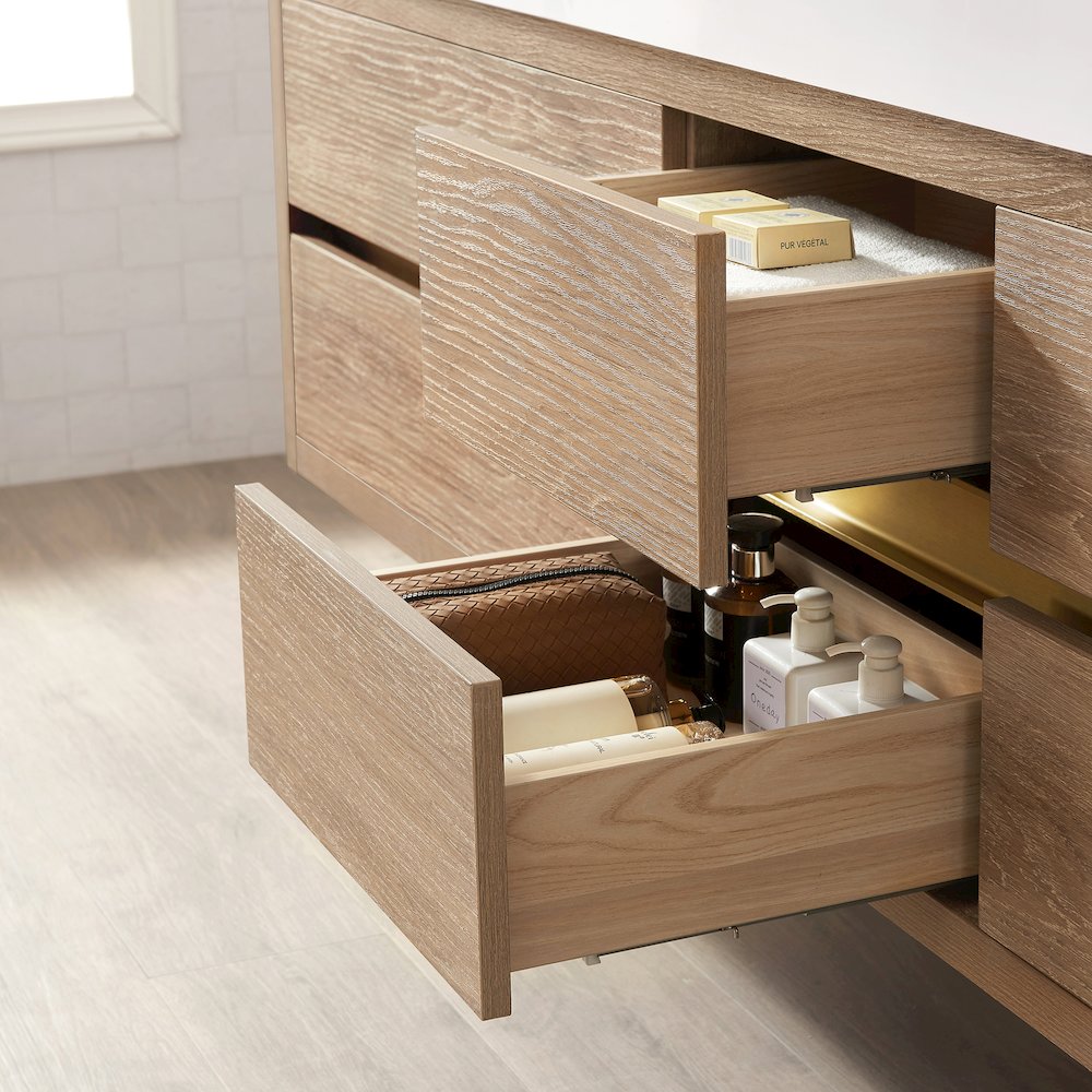 Palencia 84" Double Sink Wall-Mount Bath Vanity in North American Oak. Picture 9