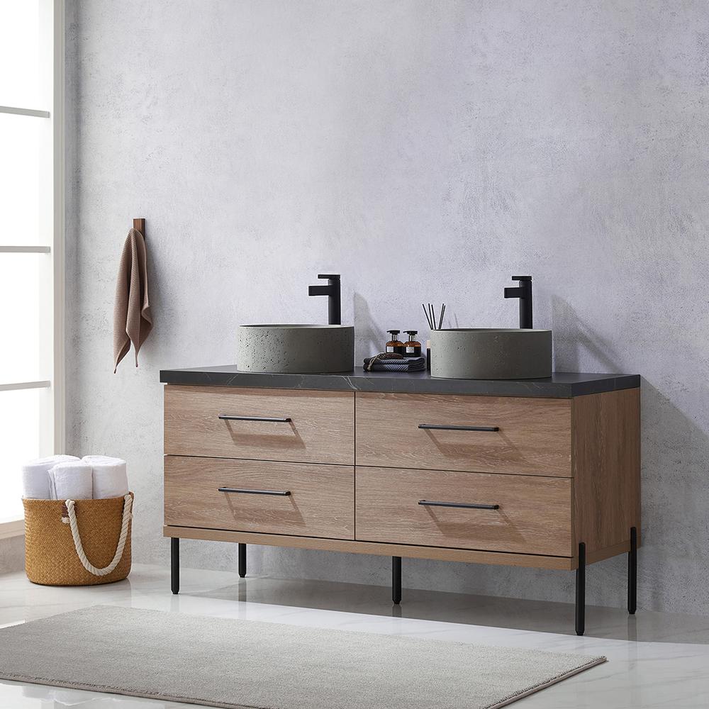 Double Sink Bath Vanity with Black Sintered Stone Top with Concrete Sink. Picture 6