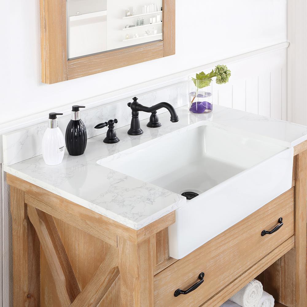 Single Bath Vanity with Composite Stone Top, White Farmhouse Basin and Mirror. Picture 8