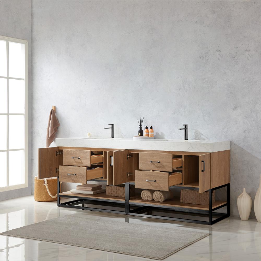 84B" Double Sink Bath Vanity with White Grain Stone Countertop. Picture 13