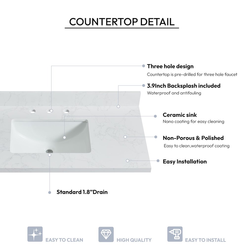 Composite Stone Vanity Top in Grain White with White Rectangular Single Sink. Picture 3