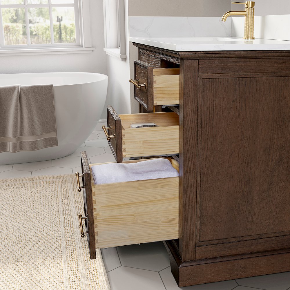 Tokyo 84" Freestanding Double Bath Vanity in Aged Dark Brown Oak. Picture 11