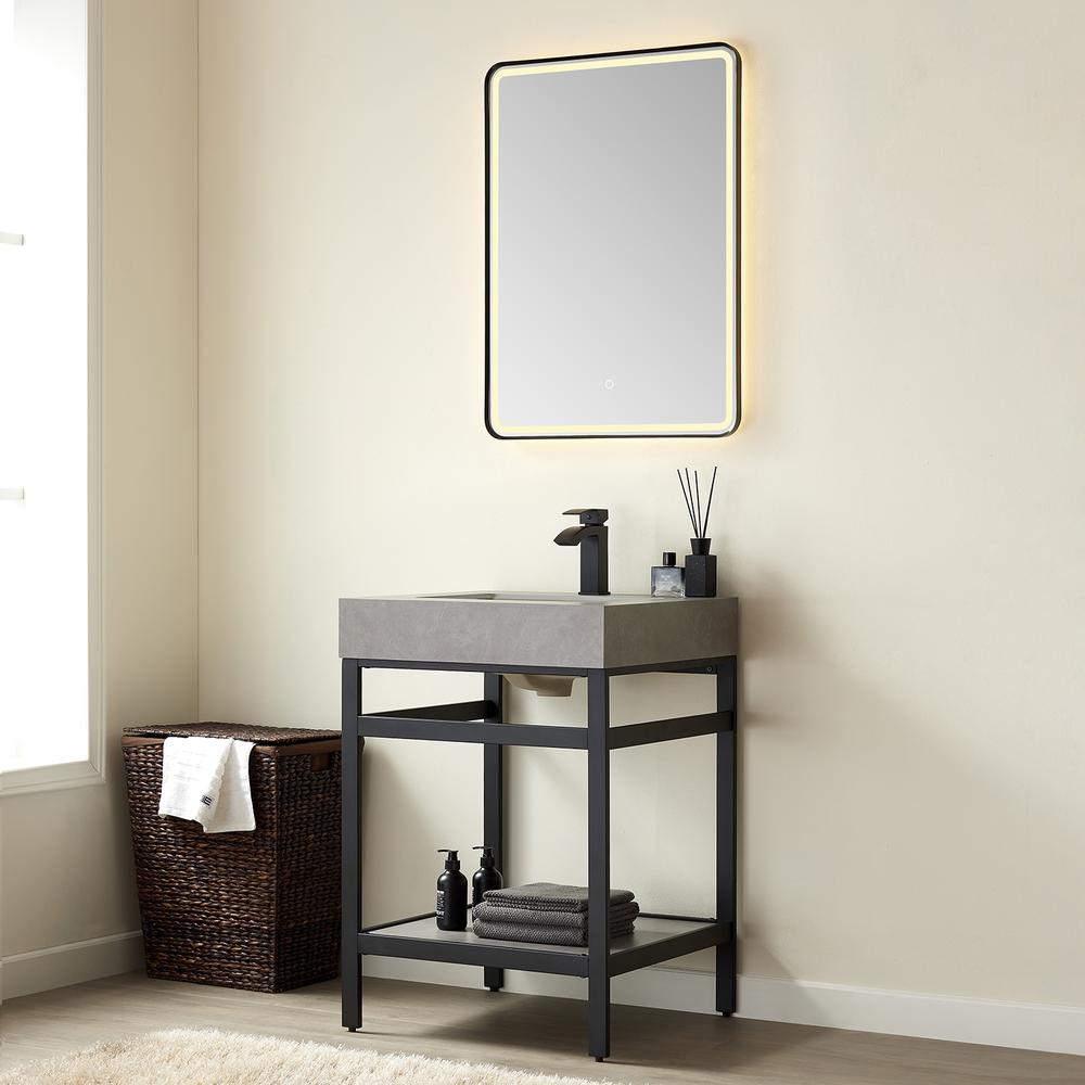Single Sink Bath Vanity Metal Support with Grey Sintered Stone Top and Mirror. Picture 3