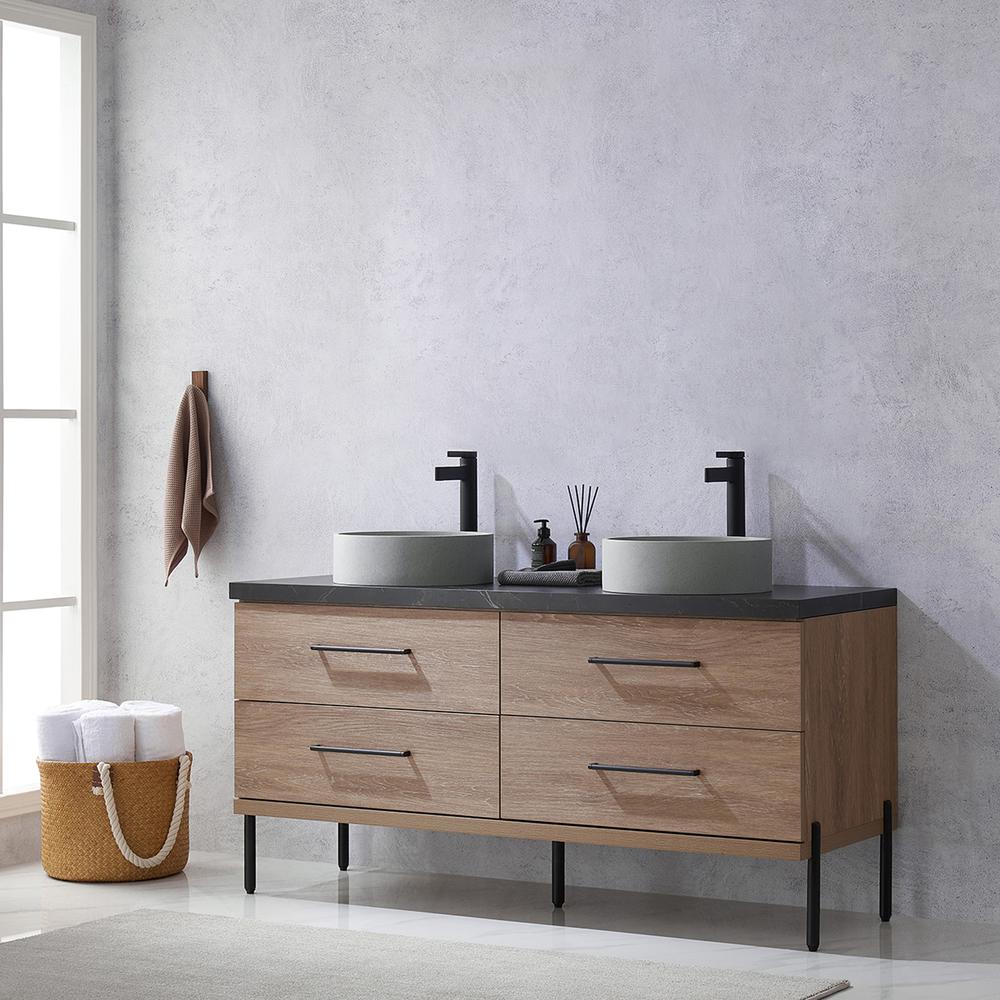 Double Sink Bath Vanity with Black Sintered Stone Top with Concrete Sink. Picture 8