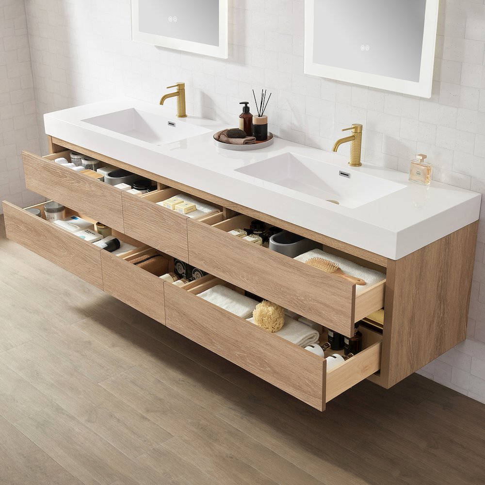Palencia 84" Double Sink Wall-Mount Bath Vanity in North American Oak. Picture 5