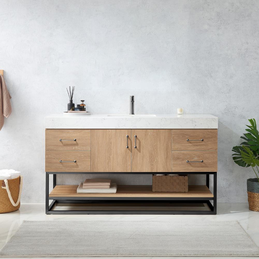 60BS" Single Sink Bath Vanity with White Grain Stone Countertop. Picture 3