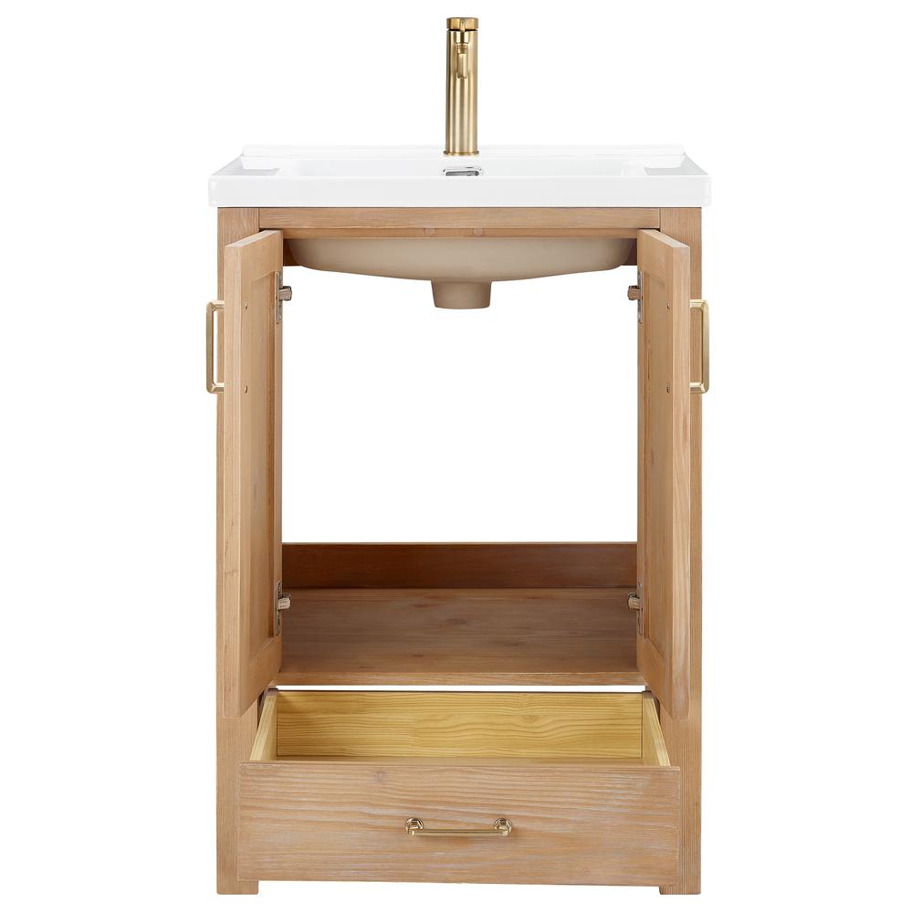 Single Sink Bath Vanity in Fir Wood Brown with Drop-In White Ceramic Basin. Picture 3