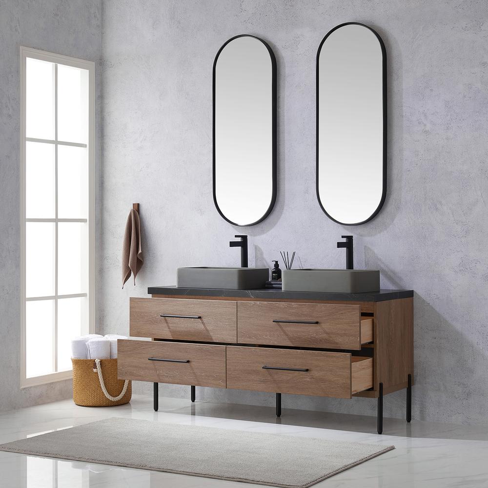Double Sink Bath Vanity with Sintered Stone Top with Concrete Sink and Mirror. Picture 6
