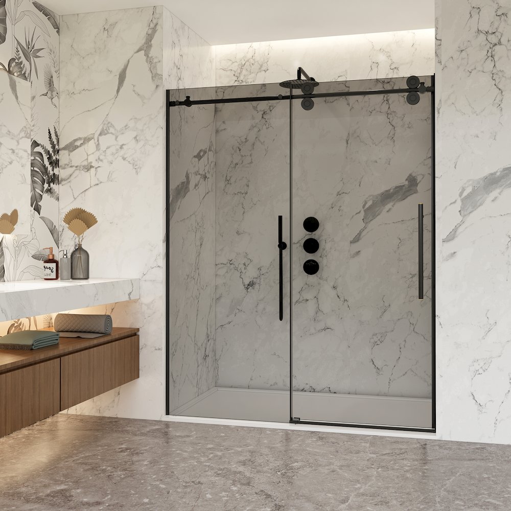 Echarri 64" W x 78" H Single Sliding Frameless Shower Door in Matte Black. Picture 5