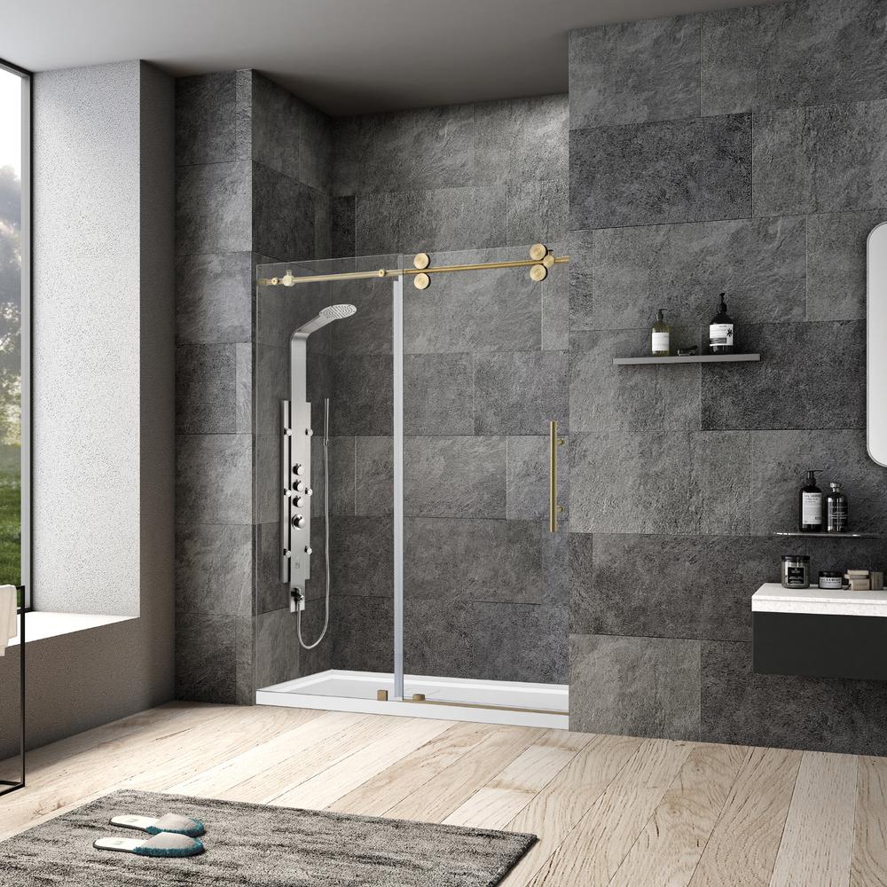 Villena 60" W x 78" H Single Sliding Frameless Shower Door in Brushed Gold. Picture 13