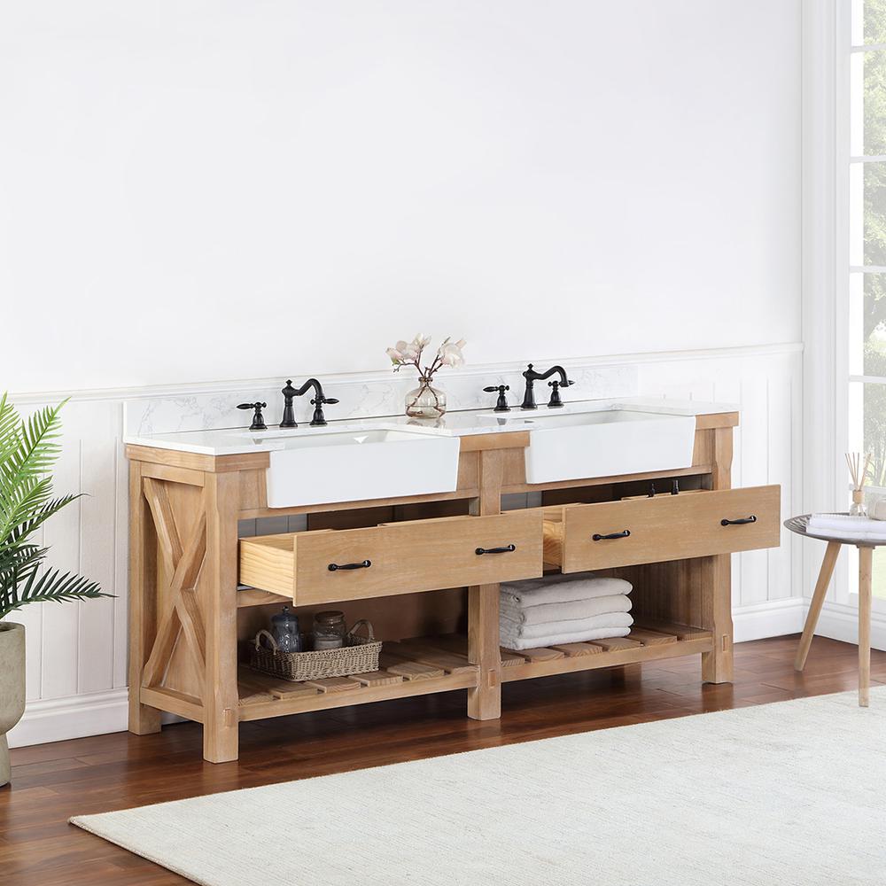 Double Bath Vanity with Composite Stone Top, White Farmhouse Basin. Picture 6