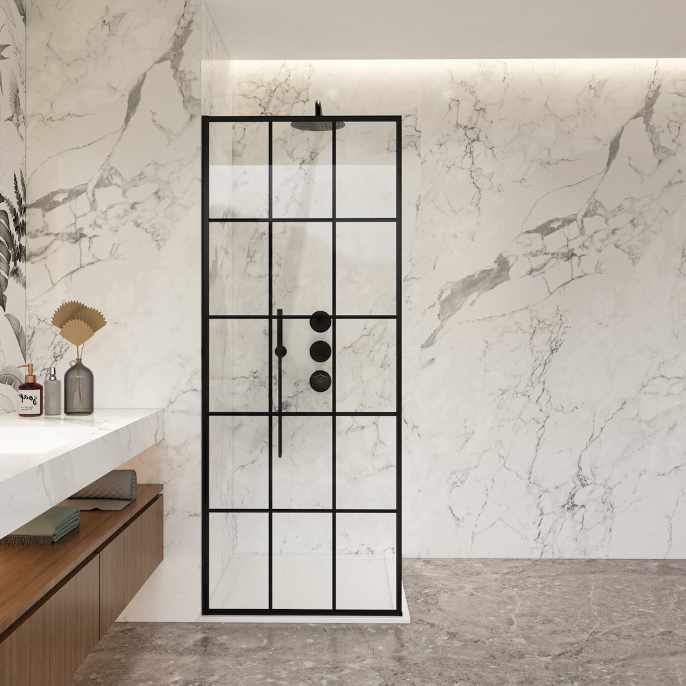 Puente 34" W x 78" H Fixed Single Panel Frameless Shower Door in Matte Black. Picture 4