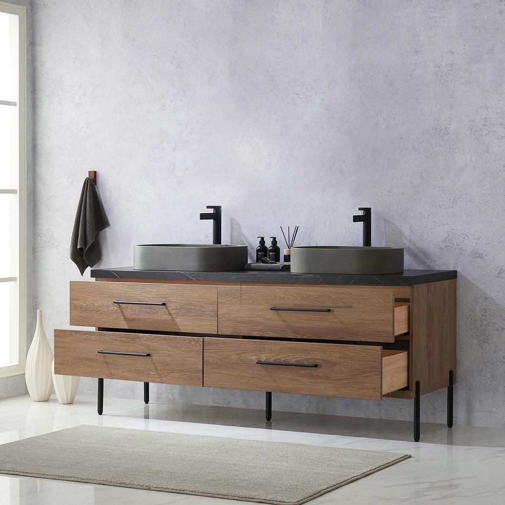 Double Sink Bath Vanity with Black Sintered Stone Top with Concrete Sink. Picture 6