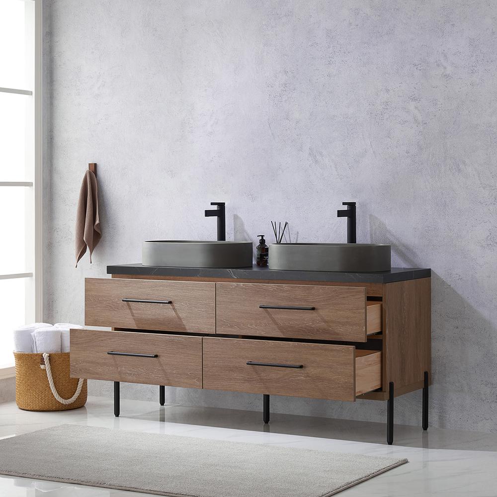 Double Sink Bath Vanity with Black Sintered Stone Top with Concrete Sink. Picture 6