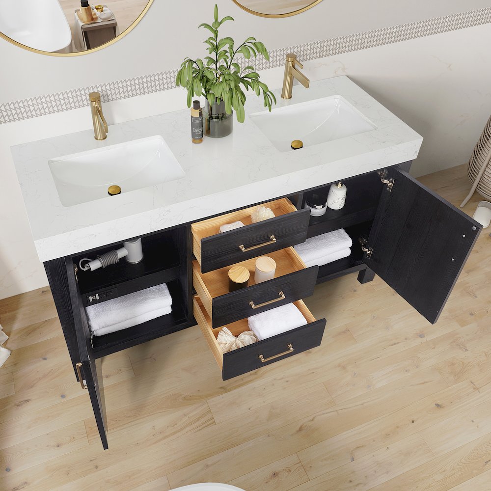 León 60in. Free-standing Double Bathroom Vanity in Fir Wood Black. Picture 6