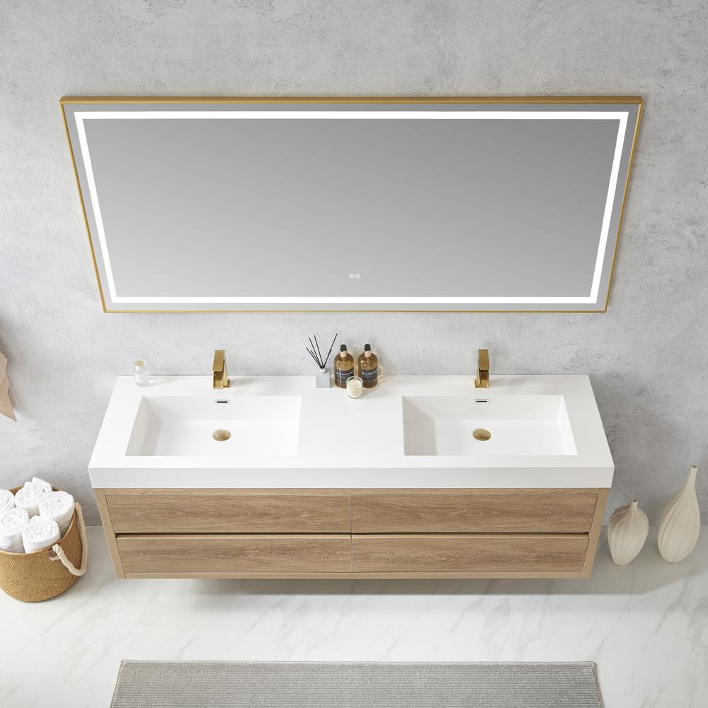 Double Sink Wall-Mount Bath Vanity Composite Integral Sink Top and Mirror. Picture 5