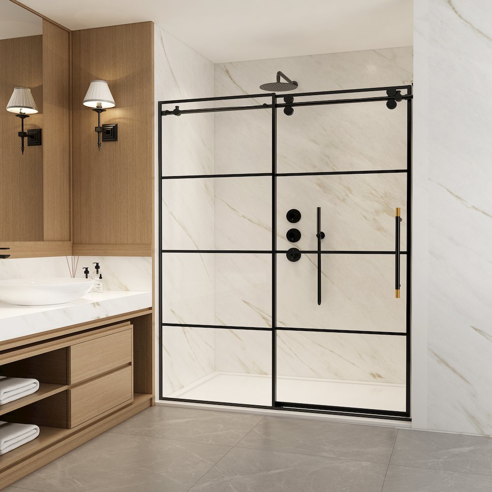 Losar 68" W x 78" H Single Sliding Frameless Shower Door in Matte Black. Picture 4