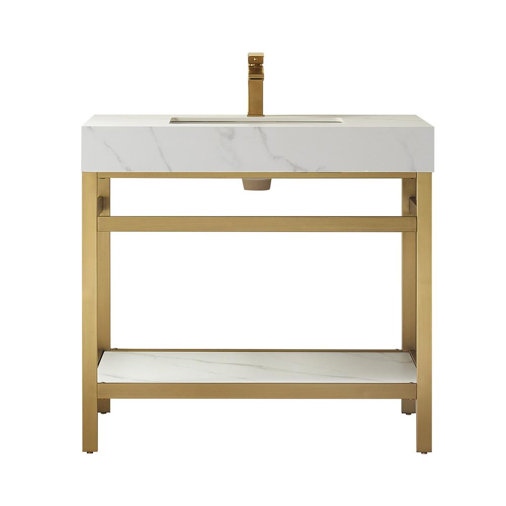 Single Sink Bath Vanity Metal Support with White Sintered Stone Top. Picture 1