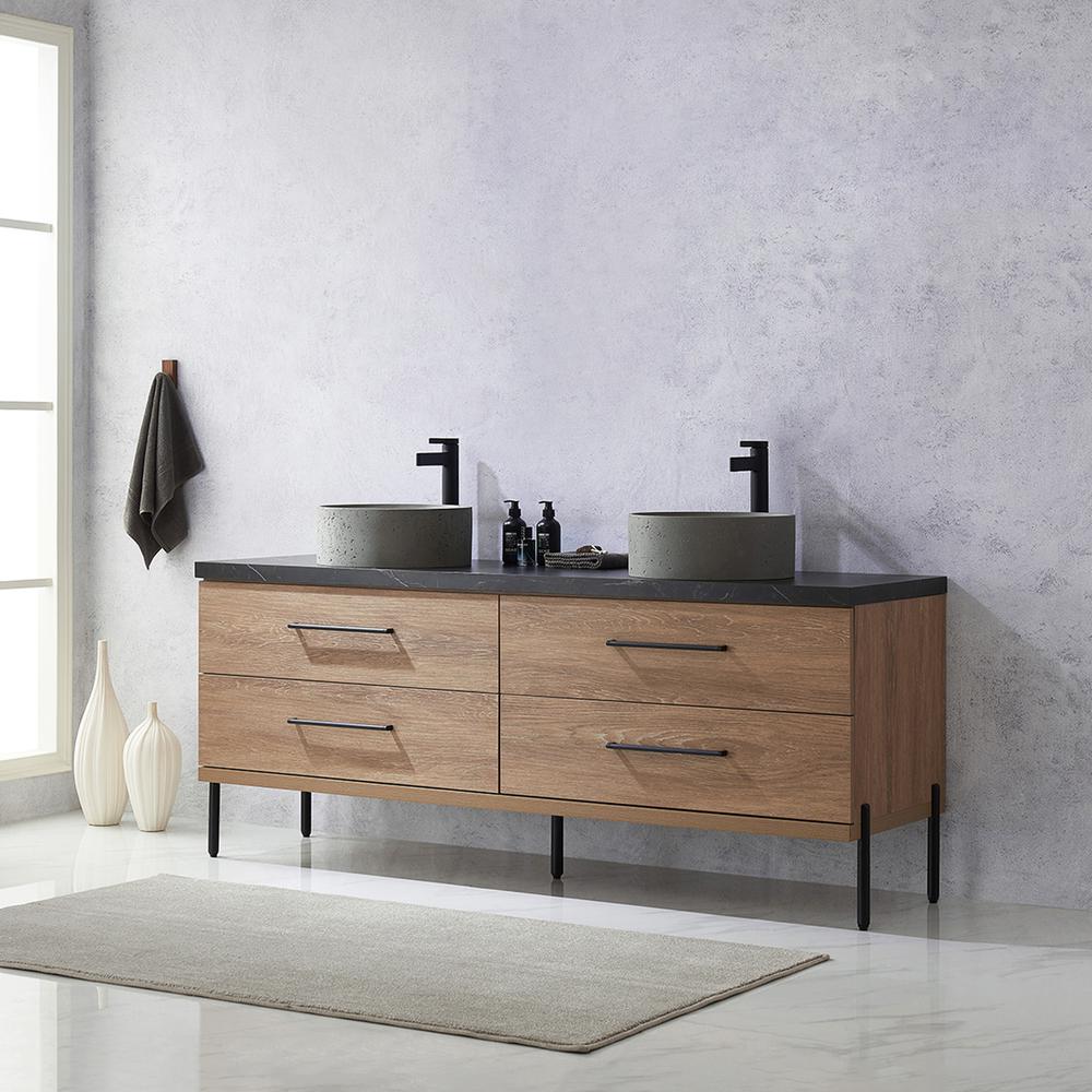 Double Sink Bath Vanity with Black Sintered Stone Top with Concrete Sink. Picture 5