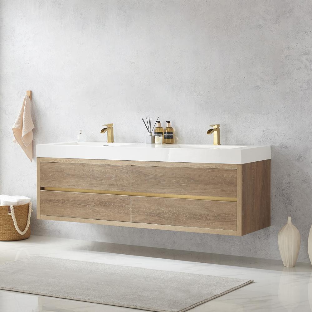 Double Sink Wall-Mount Bath Vanity with Composite Integral Square Sink Top. Picture 6