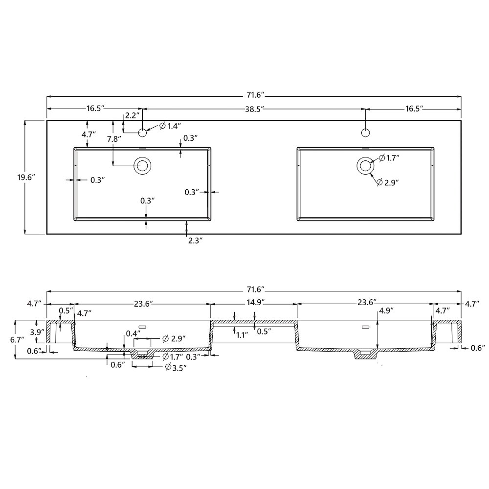 Rectangular White Finish Composite Granite Stone Console Bathroom Vanity Sink. Picture 6