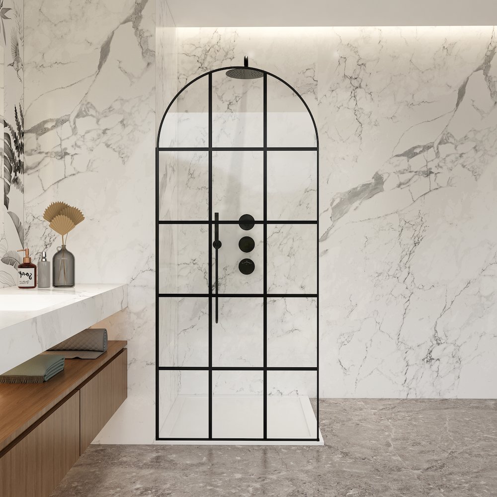 Aranaz 34" W x 78" H Fixed Single Panel Frameless Shower Door in Matte Black. Picture 3