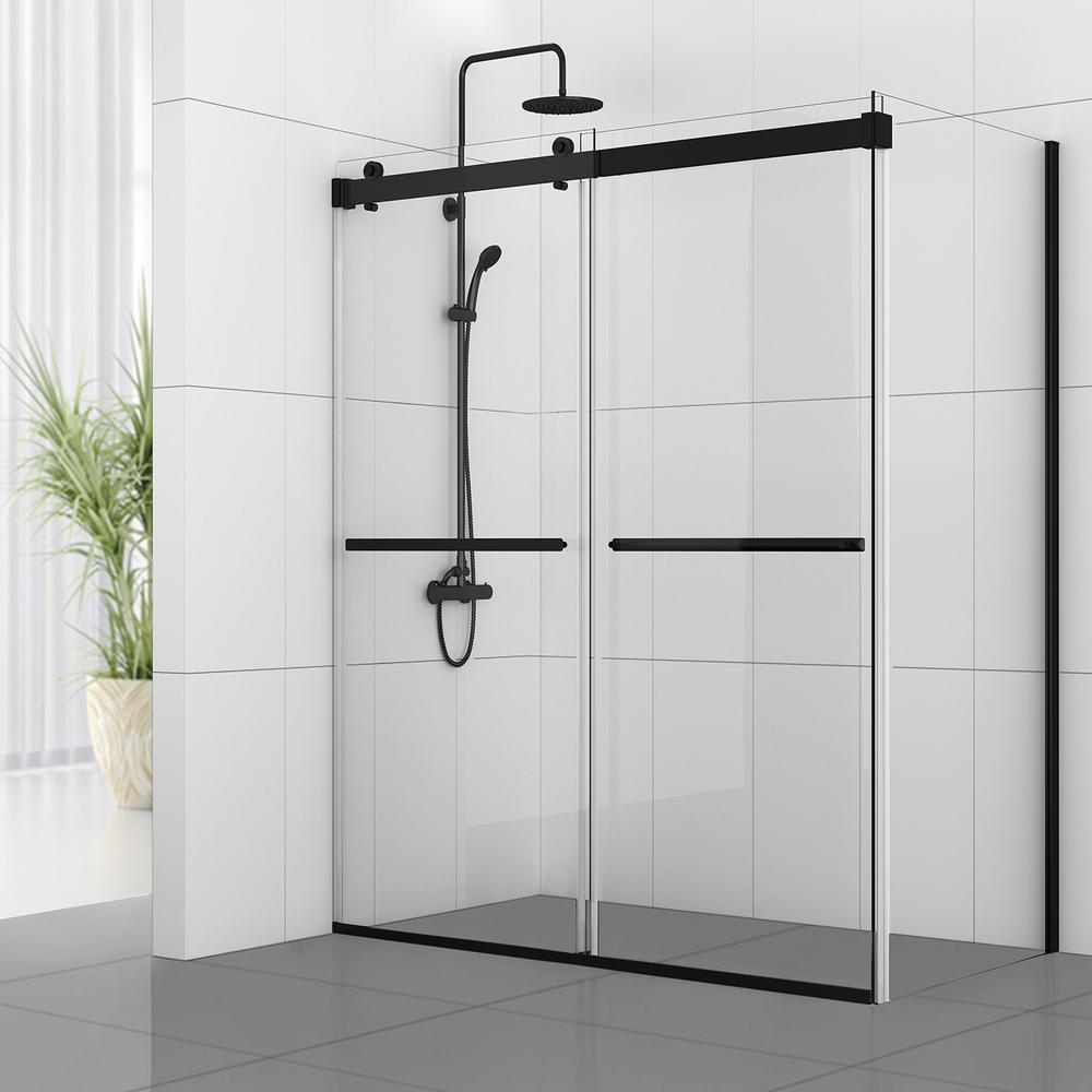 Rectangle Double Sliding Frameless Shower Enclosure in Matte Black. Picture 3