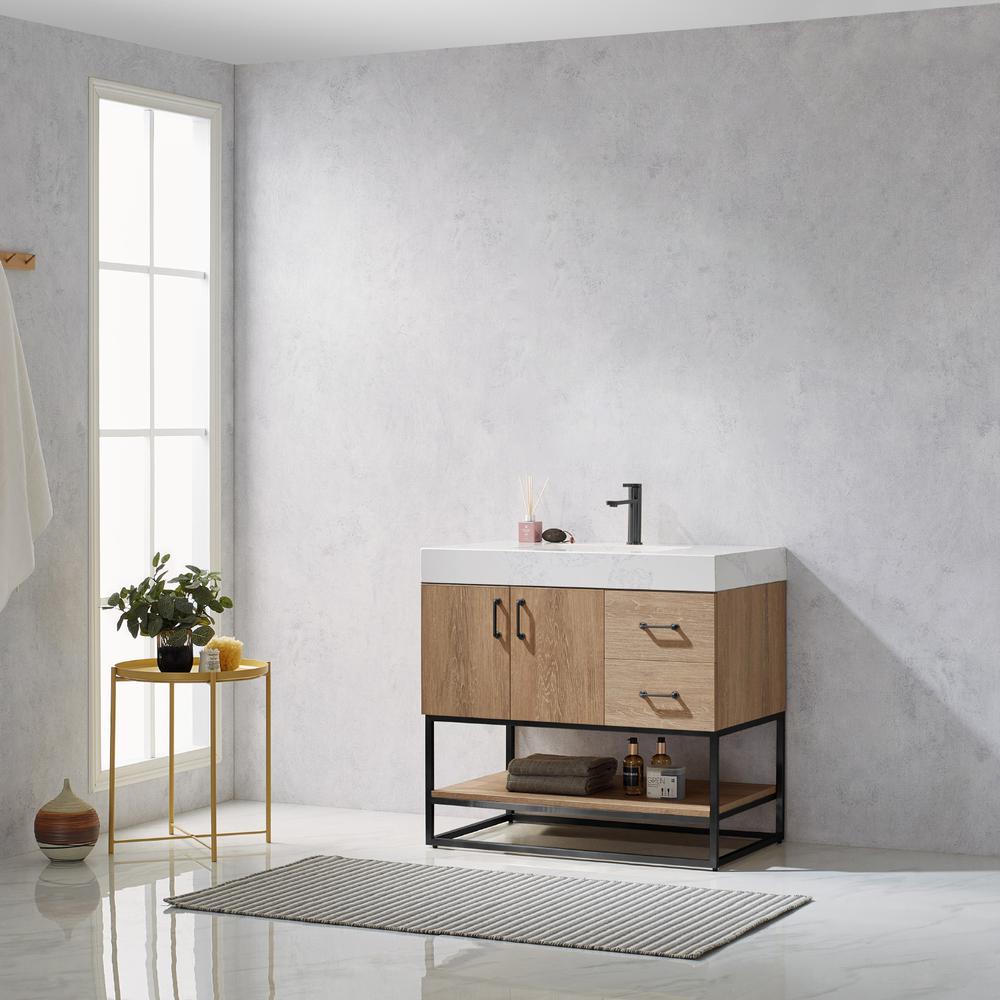 36B" Single Vanity with White Grain Stone Countertop Without Mirror. Picture 11